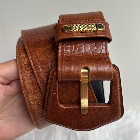 Vintage Crocodile Embossed Leather Wide Belt Brown Tan Gold Accents 90’s main image 10